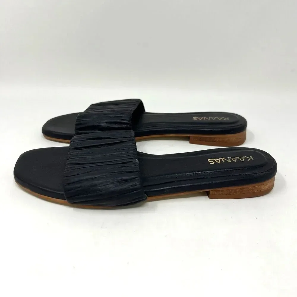 Kaanas Pekan Ruched Black Leather Slides Slip‎ On Sandals Shoes Women’s Size 6